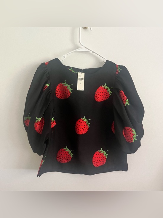 Maeve Tops - Maeve by Anthro - (NWT) Black Puff Sleeve Top with Red Strawberry Print Top